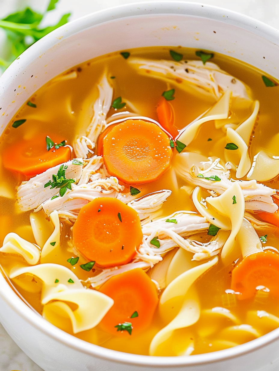Bowl of steaming slow cooker chicken noodle soup