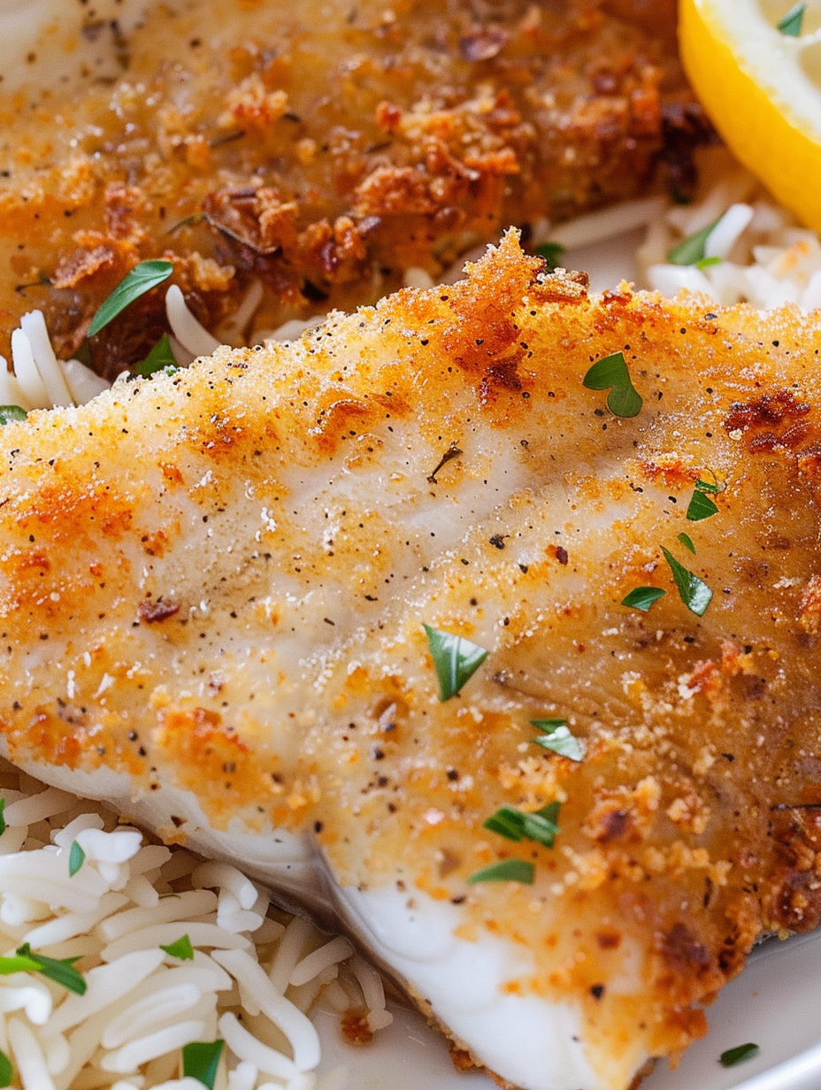 Golden pan-fried fish fillets on a skillet