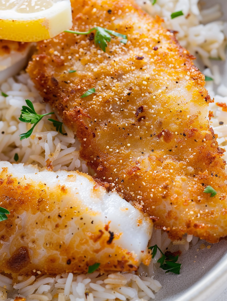 Plated crispy fish with lemon and parsley