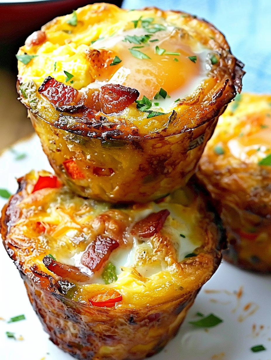 Golden baked breakfast muffins with hash brown crust