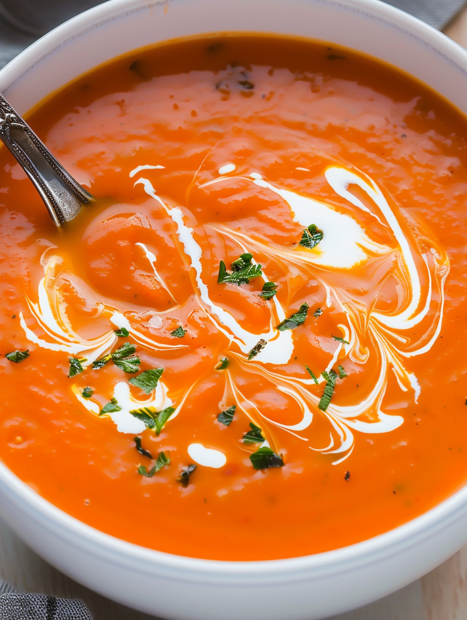 Creamy tomato soup in a bowl with basil garnish