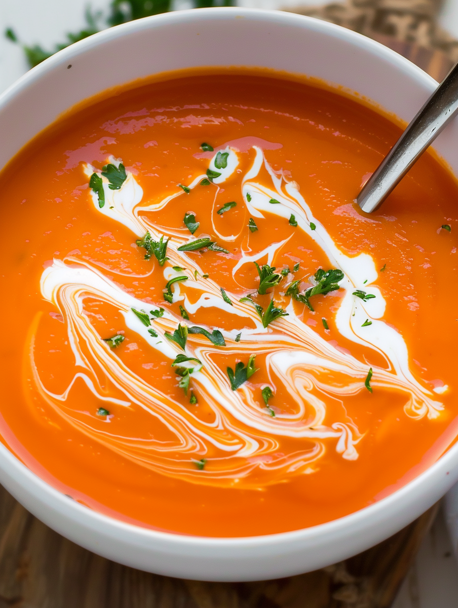 Top view of tomato soup with cream swirl