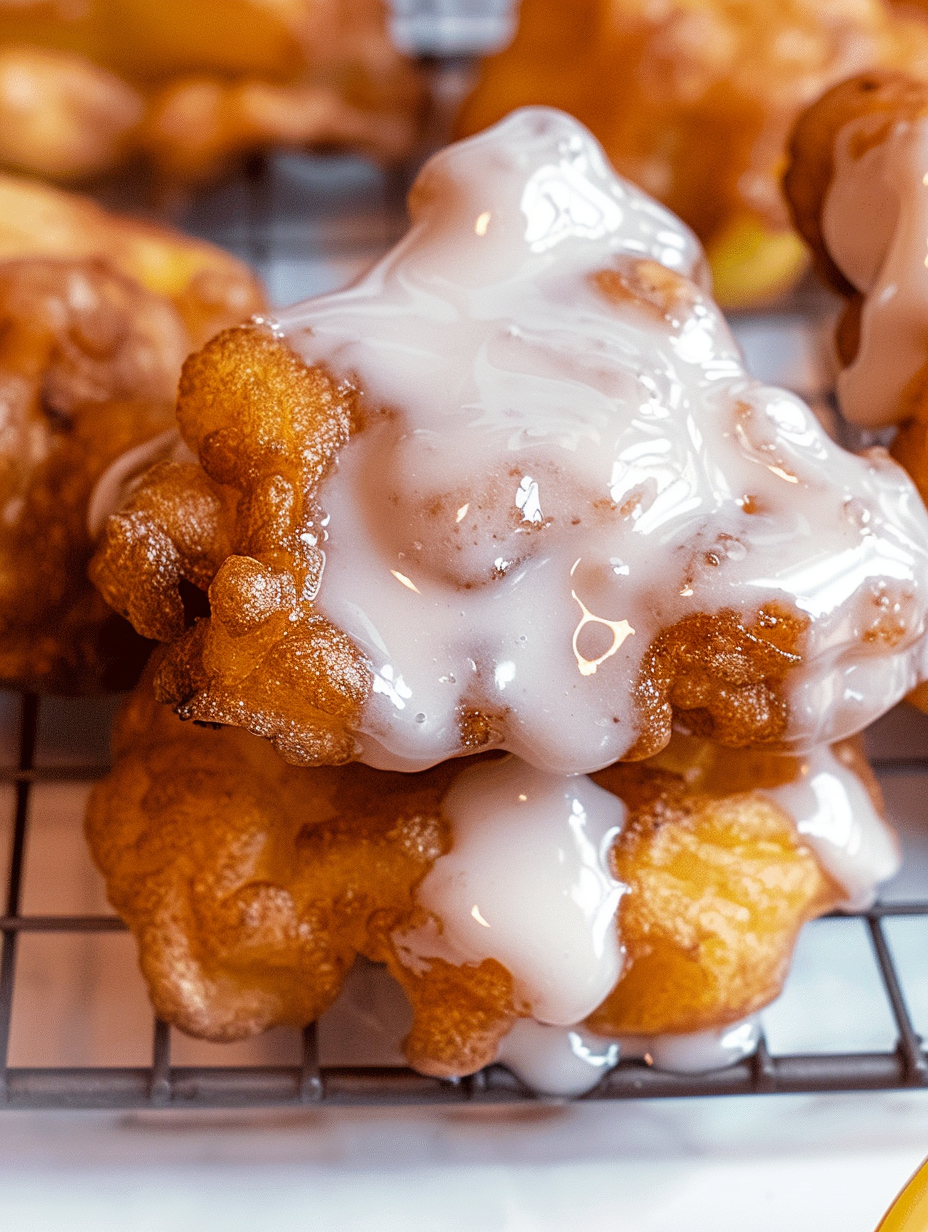 Fresh apple fritters cooling on a rack with glaze drizzled