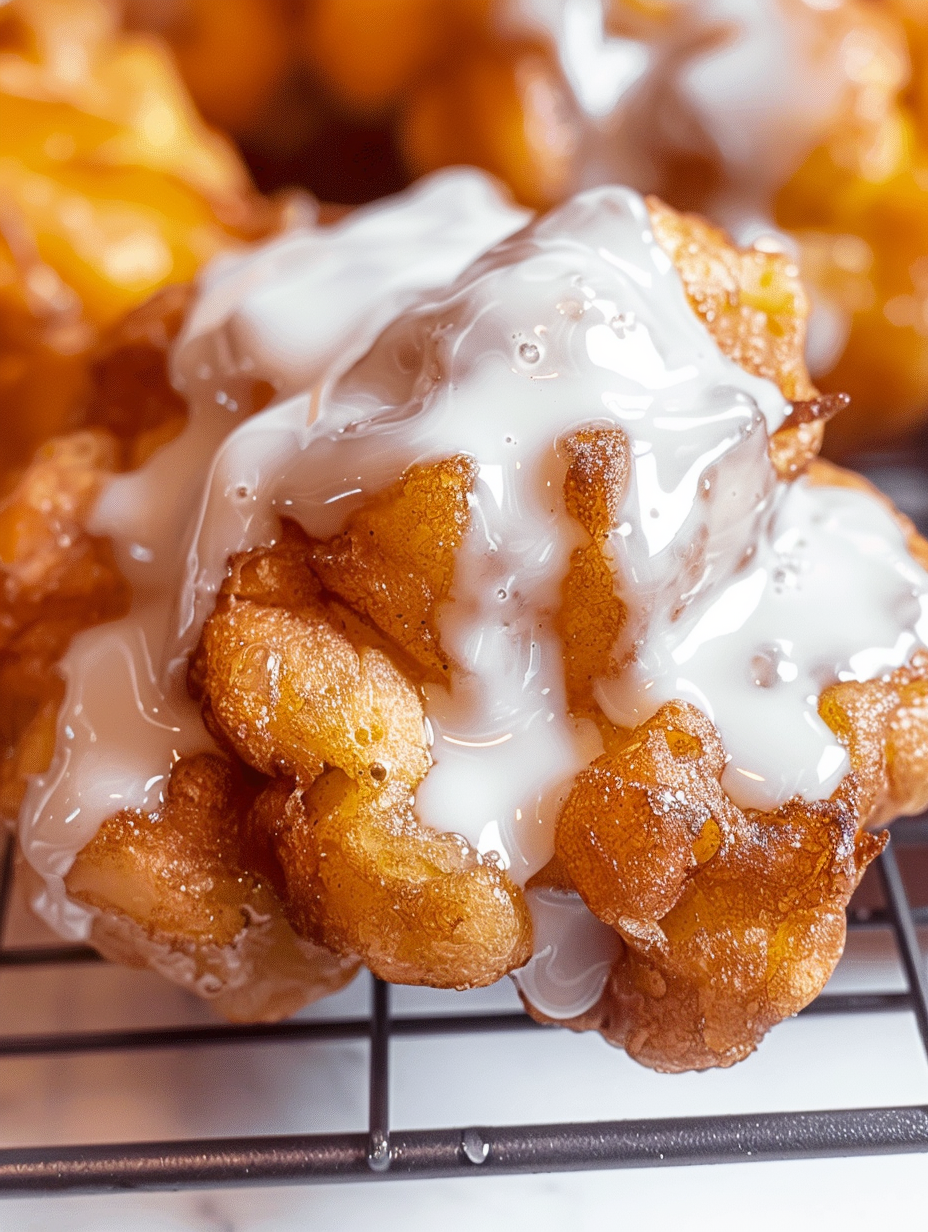 Close-up of glazed apple fritters on parchment
