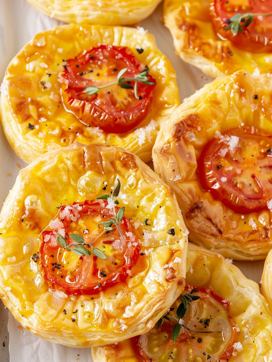 Freshly baked tomato upside-down tarts cooling on a rack