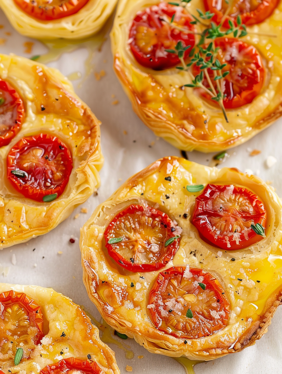 Close-up of a tomato tart sliced to reveal melted Gruyère