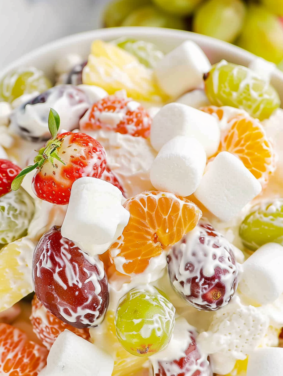 Close-up of pudding fruit salad showing strawberries, grapes, and marshmallows