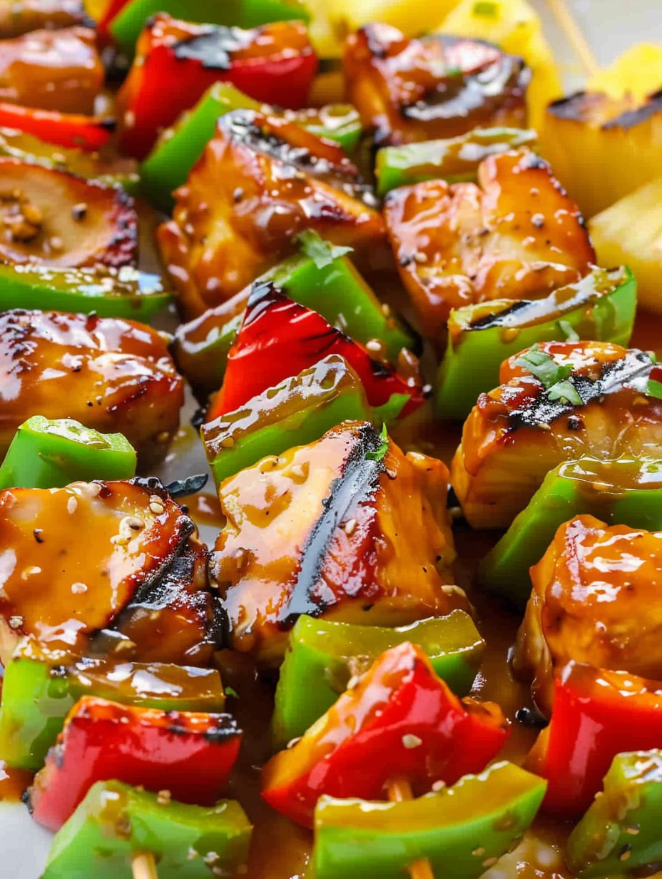 Close up of glazed teriyaki chicken and pineapple
