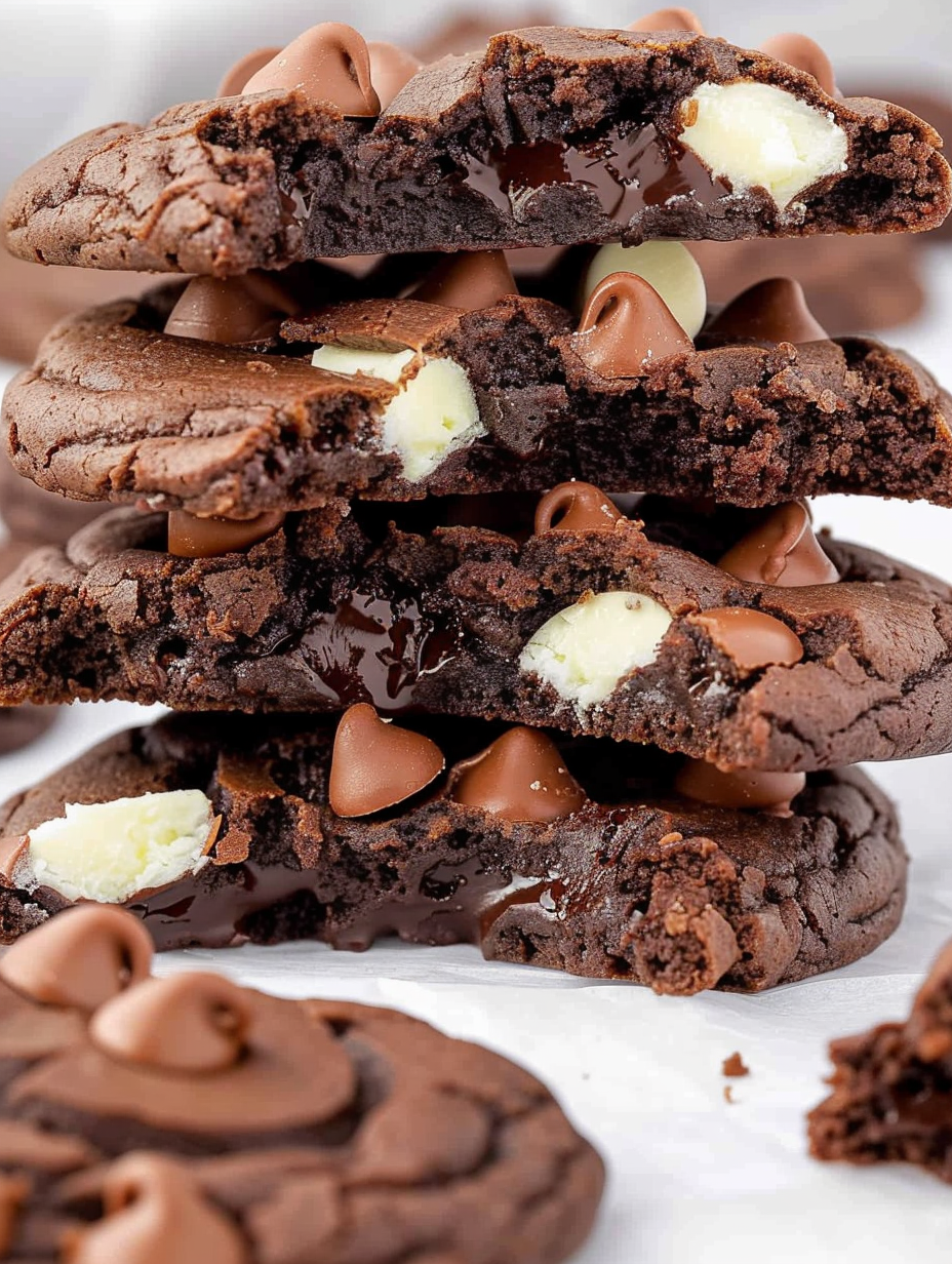 Baked triple chocolate cookies cooling on a rack