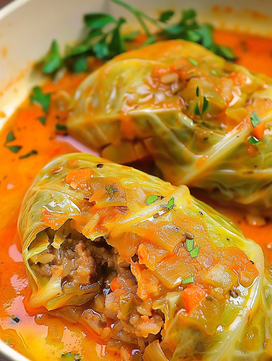 Assembled cabbage rolls in skillet