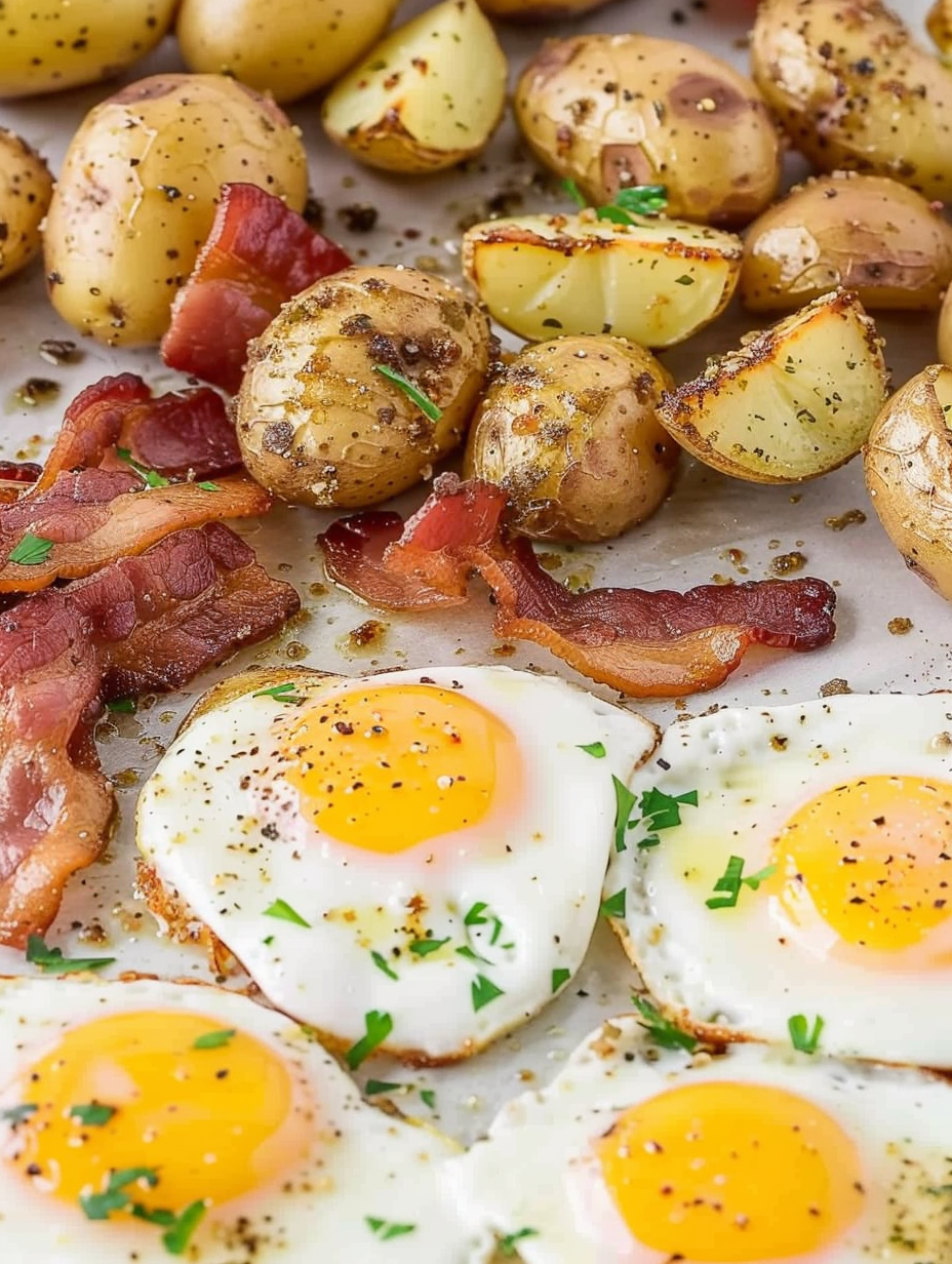 Sheet pan with potatoes bacon and eggs