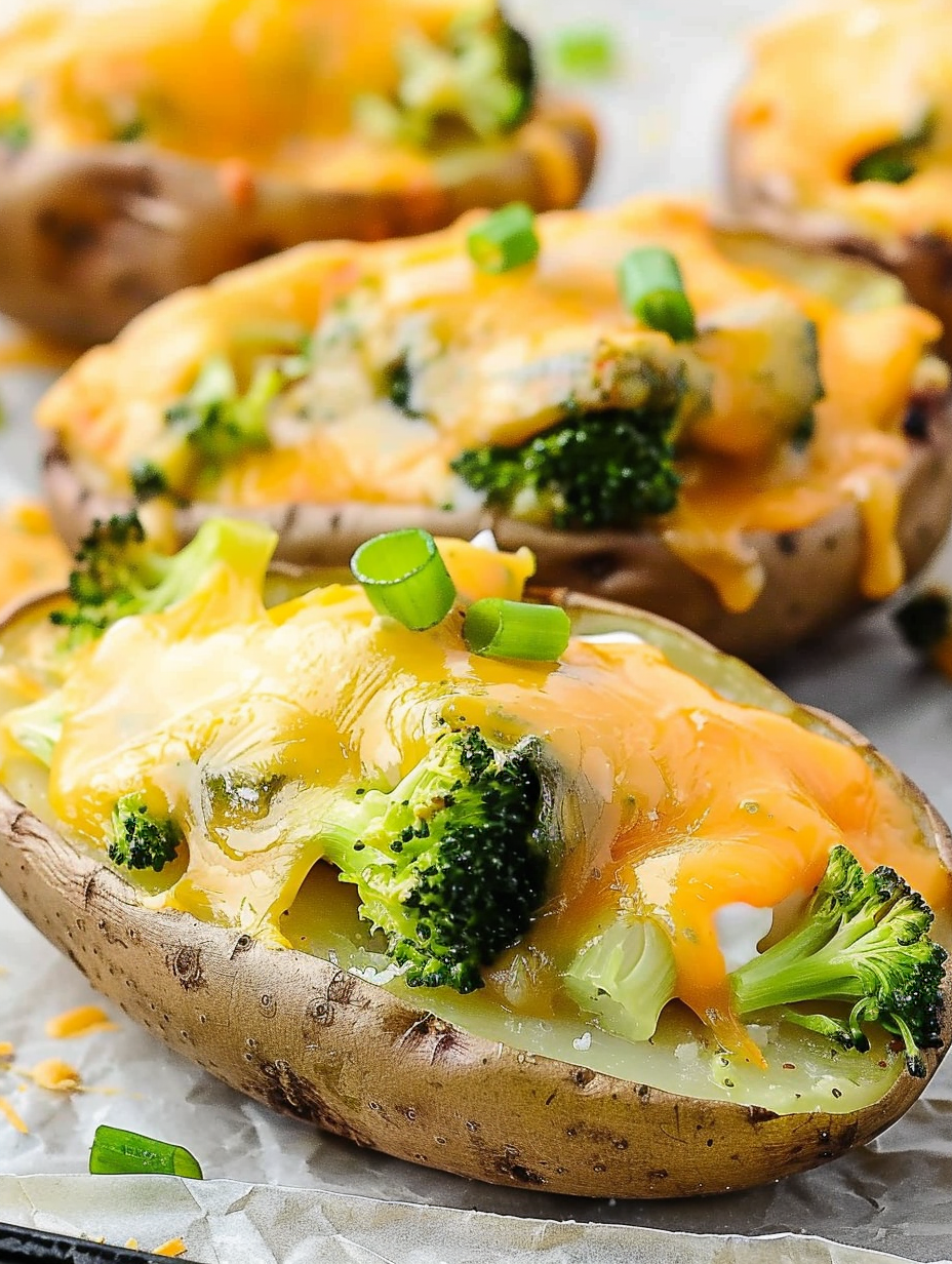 Crispy Broccoli and Cheddar Potato Skins on a baking sheet