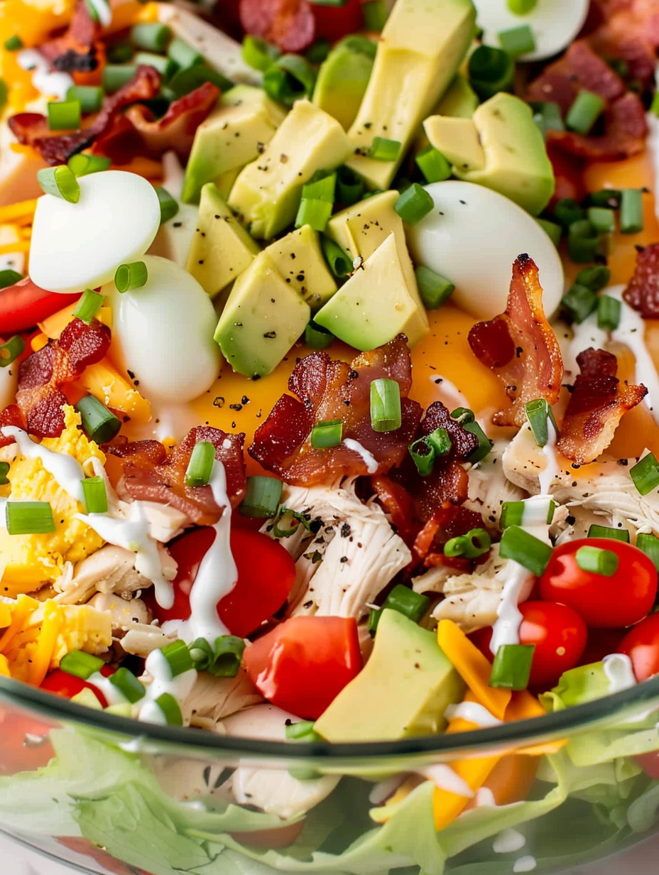 Close up of chicken and bacon layer in a glass bowl