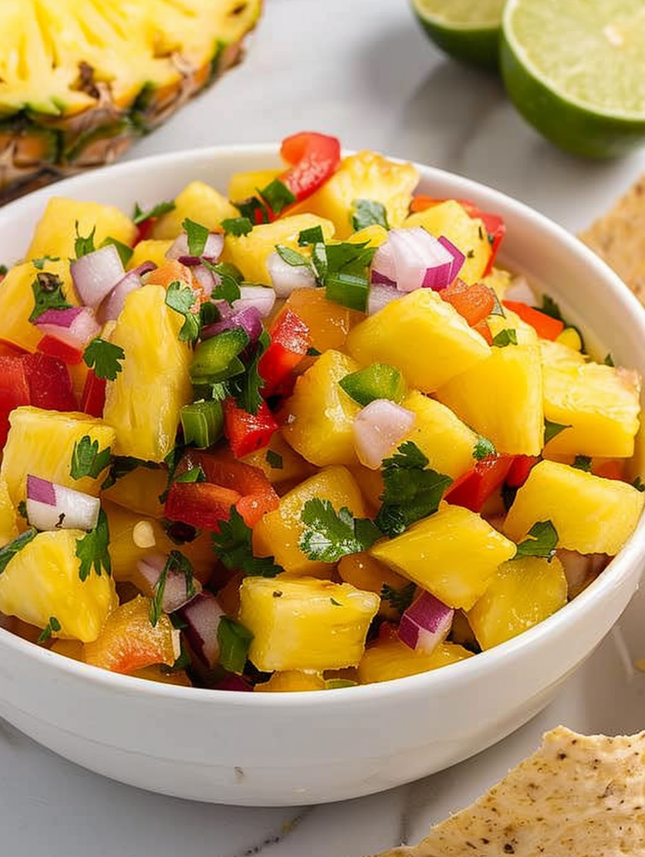 Pineapple mango salsa in a bowl with lime