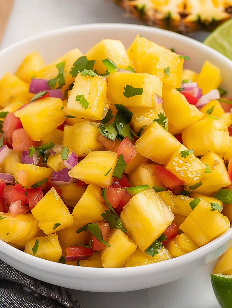 Close-up of diced mango and pineapple with cilantro