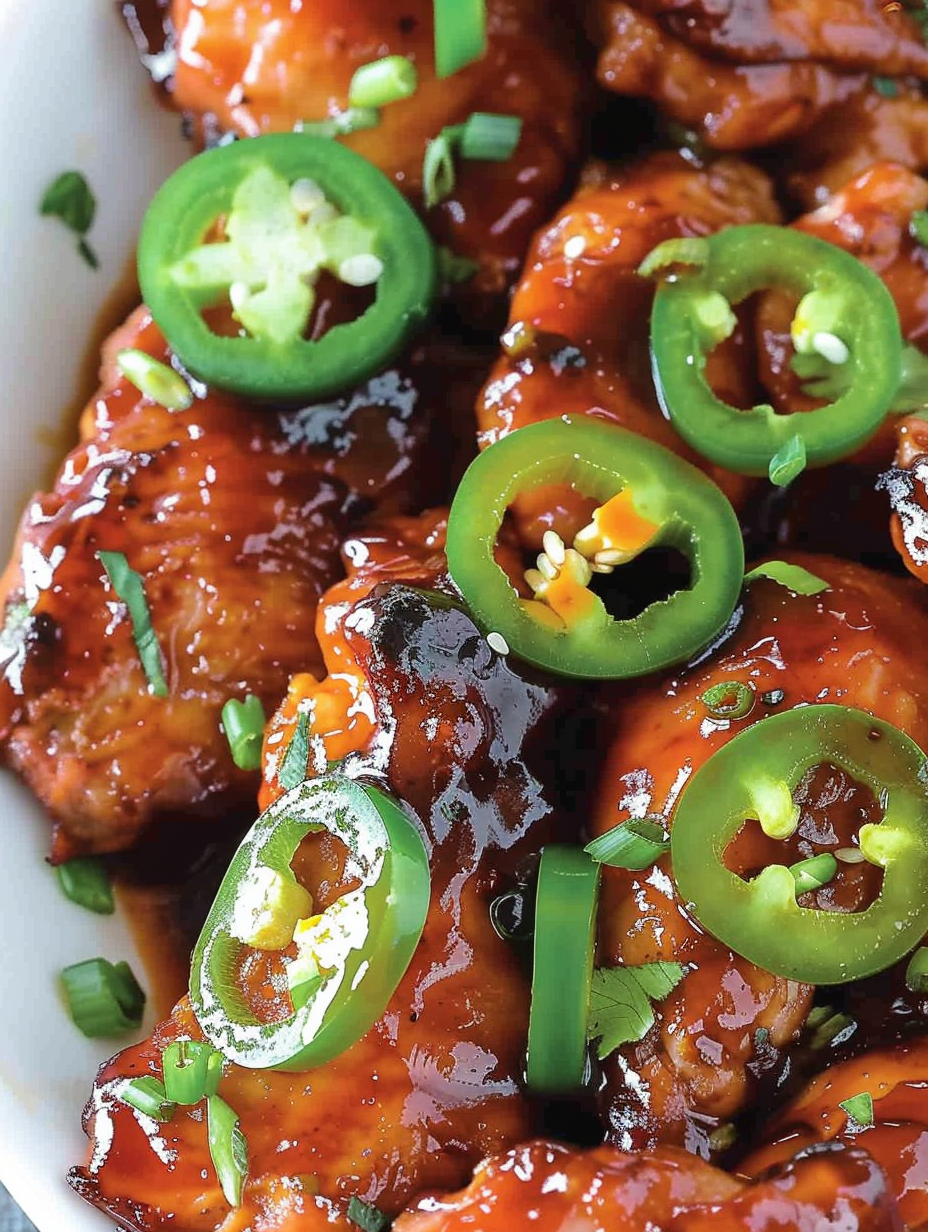 Plated spicy jalapeno chicken with garnish