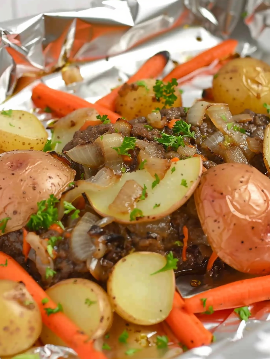 Individual foil packet open showing beef patty and roasted vegetables
