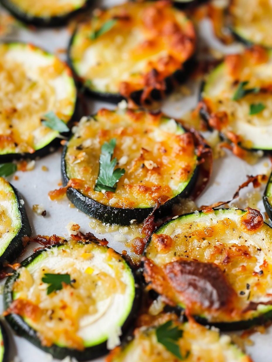 Baked zucchini chips golden on tray