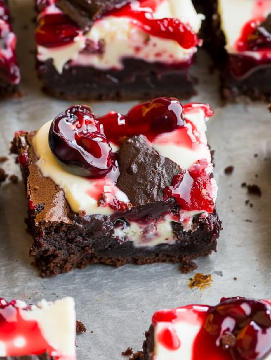 Cherry Cheesecake Brownies in pan with slice removed