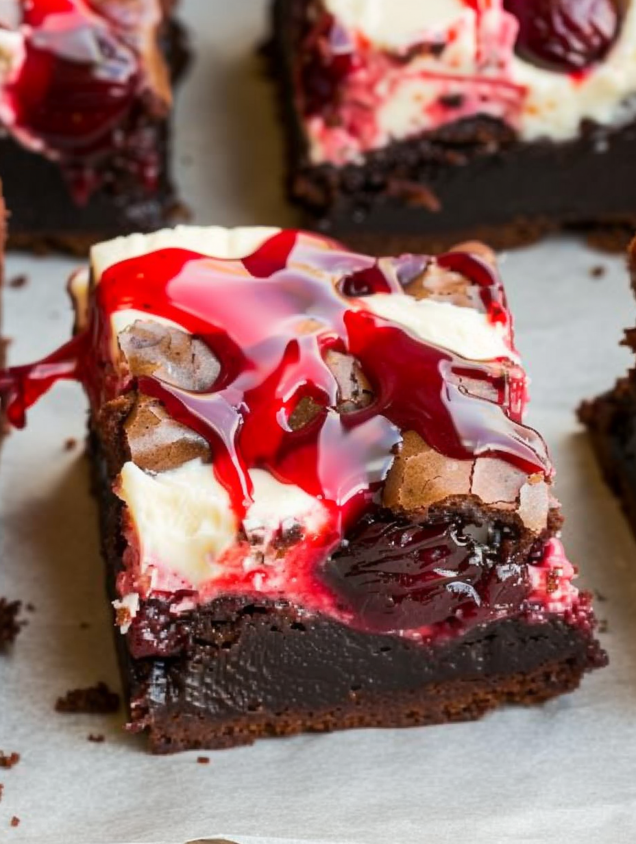 Close up of a sliced cherry cheesecake brownie