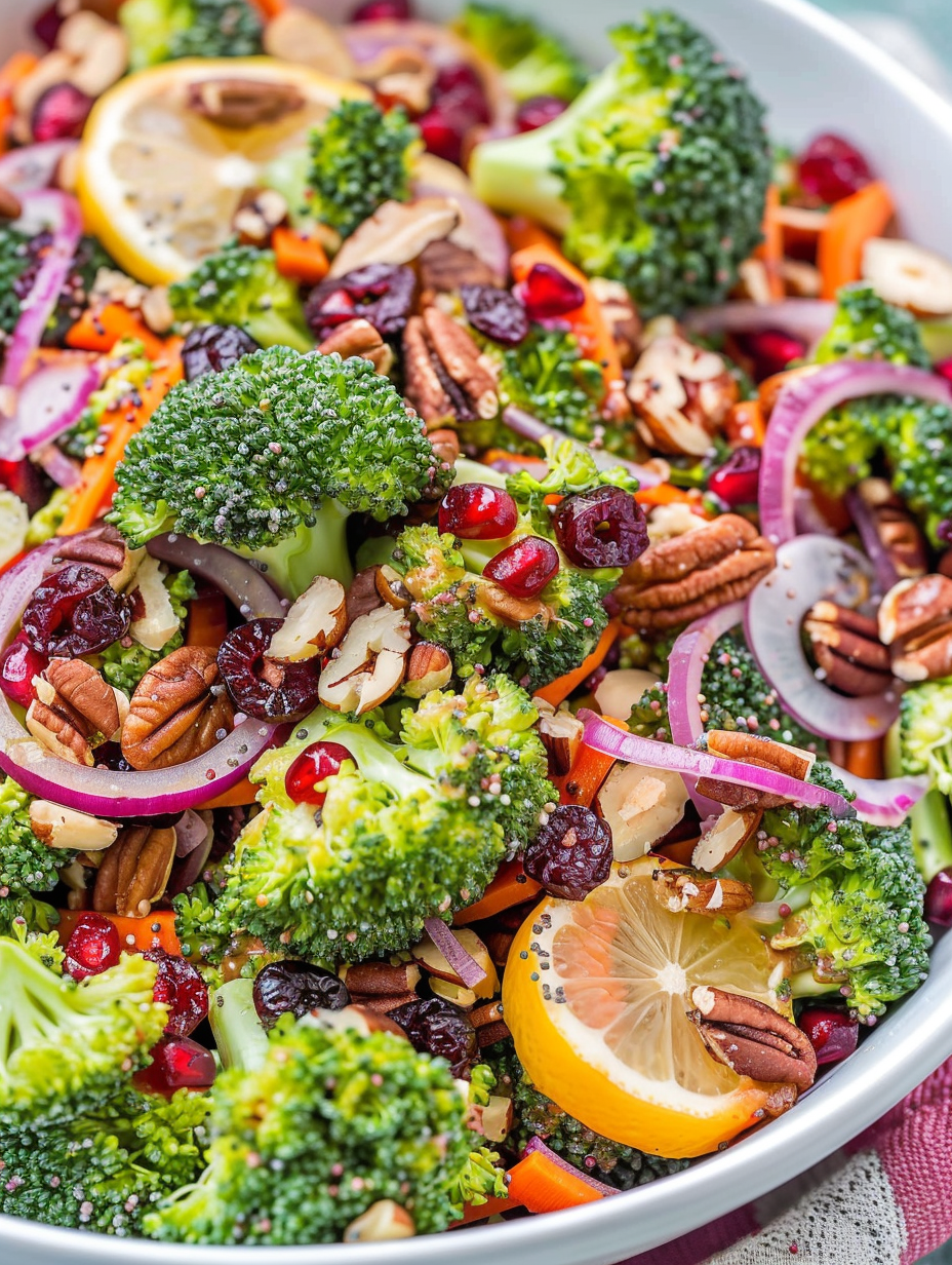 Broccoli salad with lemon poppy seed dressing in a white bowl