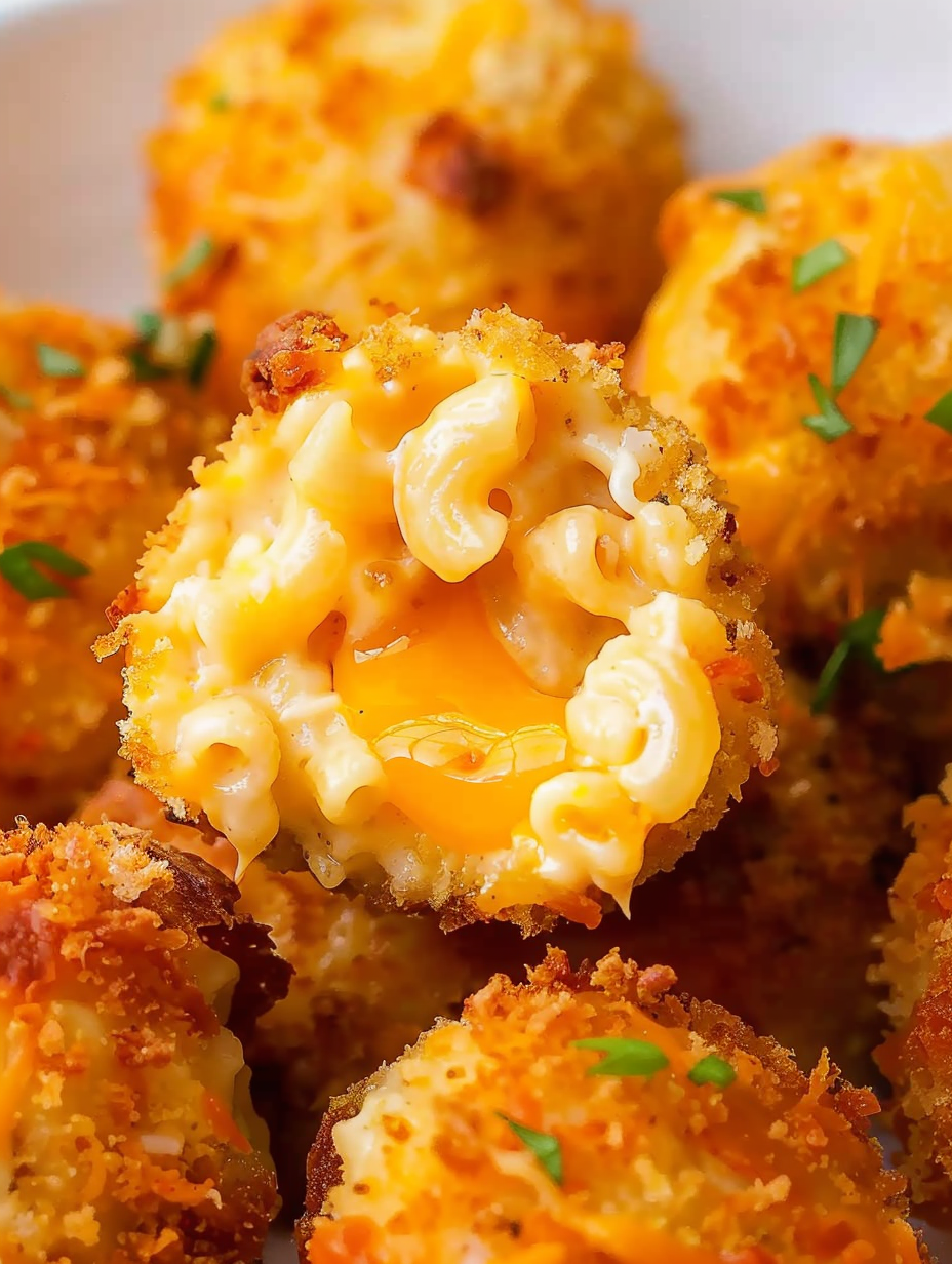 Golden crispy mac and cheese balls on a plate