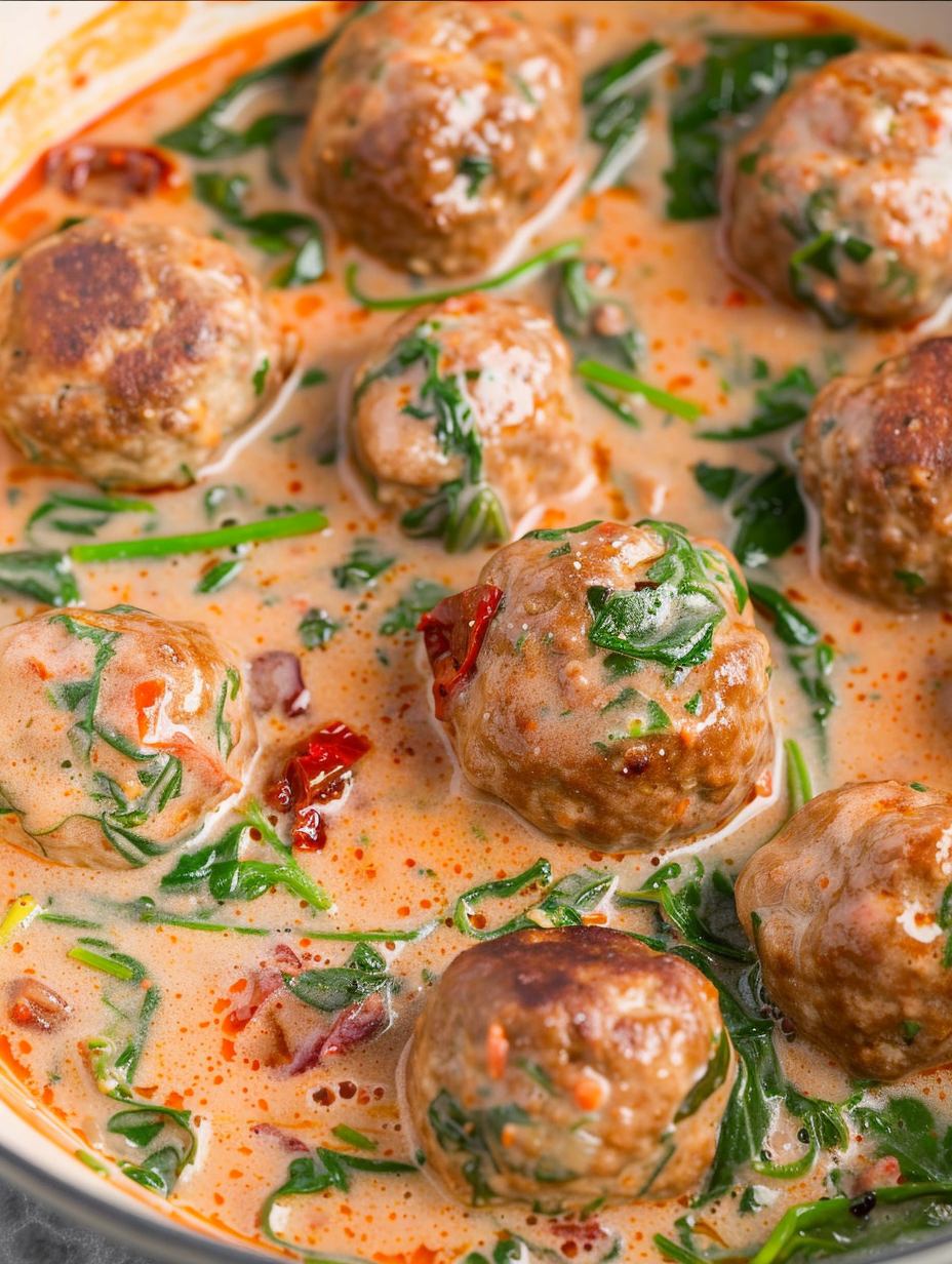Meatballs simmering in creamy sun-dried tomato sauce