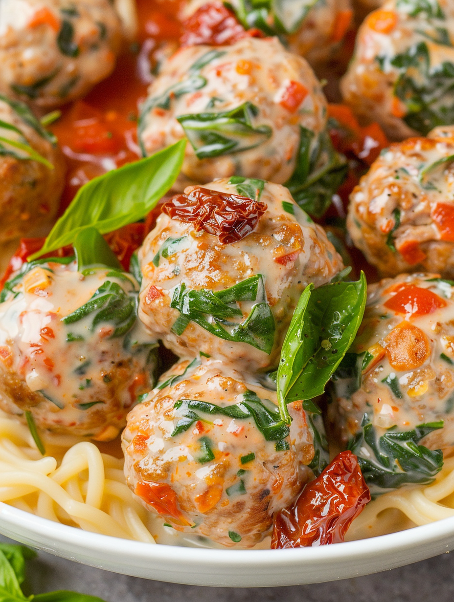 Plated meatballs with fresh basil garnish