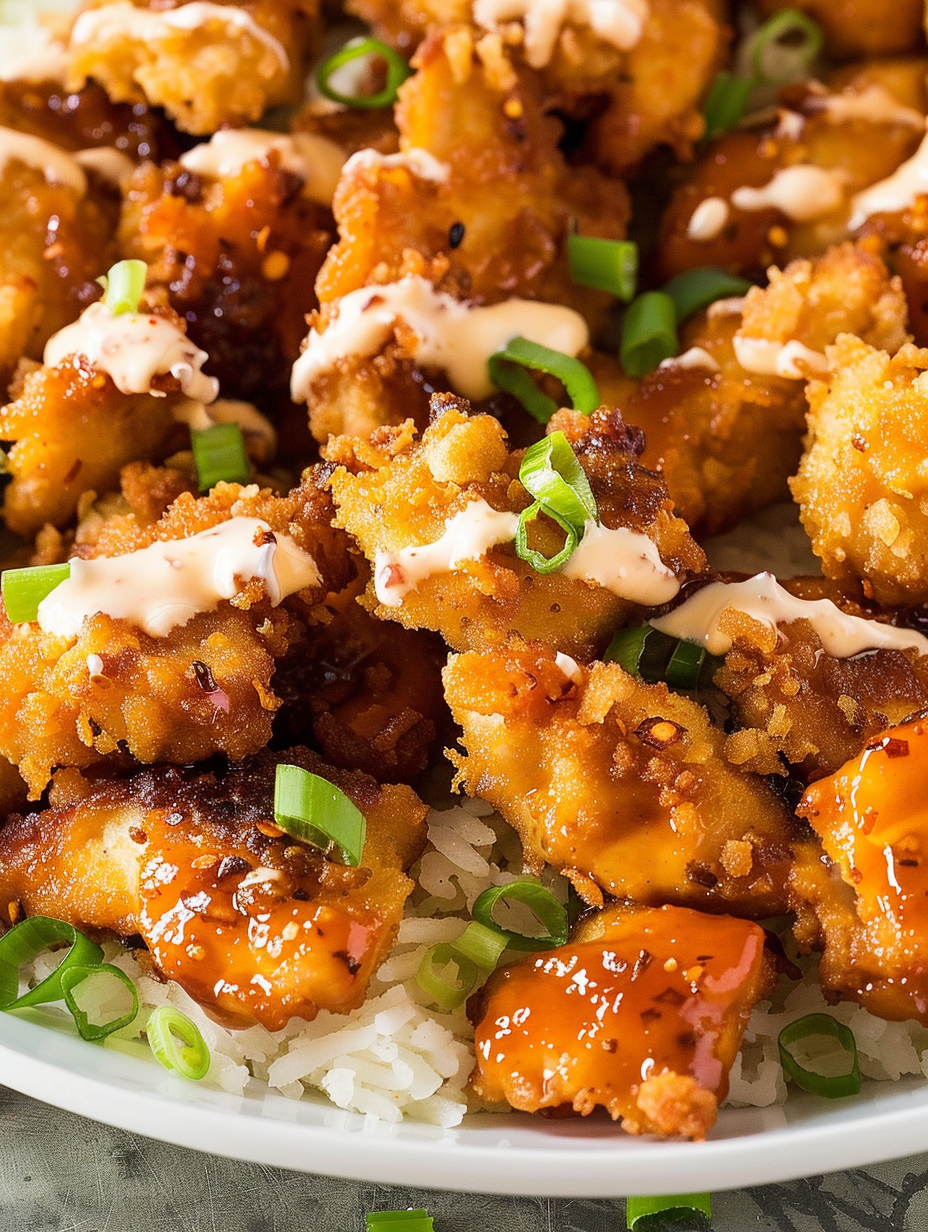 Bang Bang Chicken in a bowl with sauce and green onions