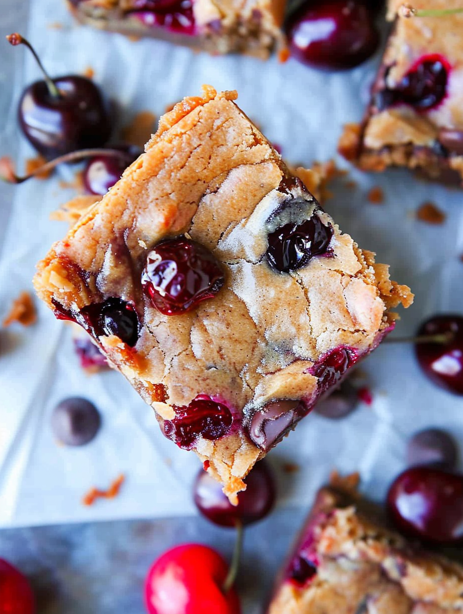 Chocolate Chip Cherry Bars in an 8x8 pan, sliced and ready to serve