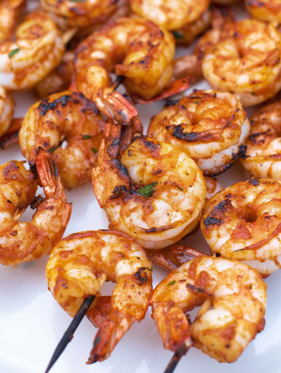 Grilled spicy shrimp skewers plated