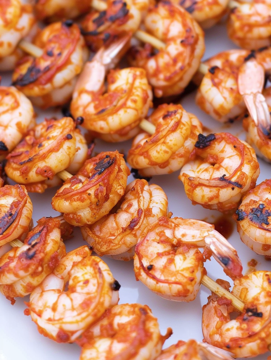 Skewered raw shrimp ready to grill