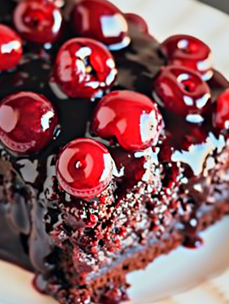 Mom's Chocolate Cherry Upside-Down Cake with glossy cherries