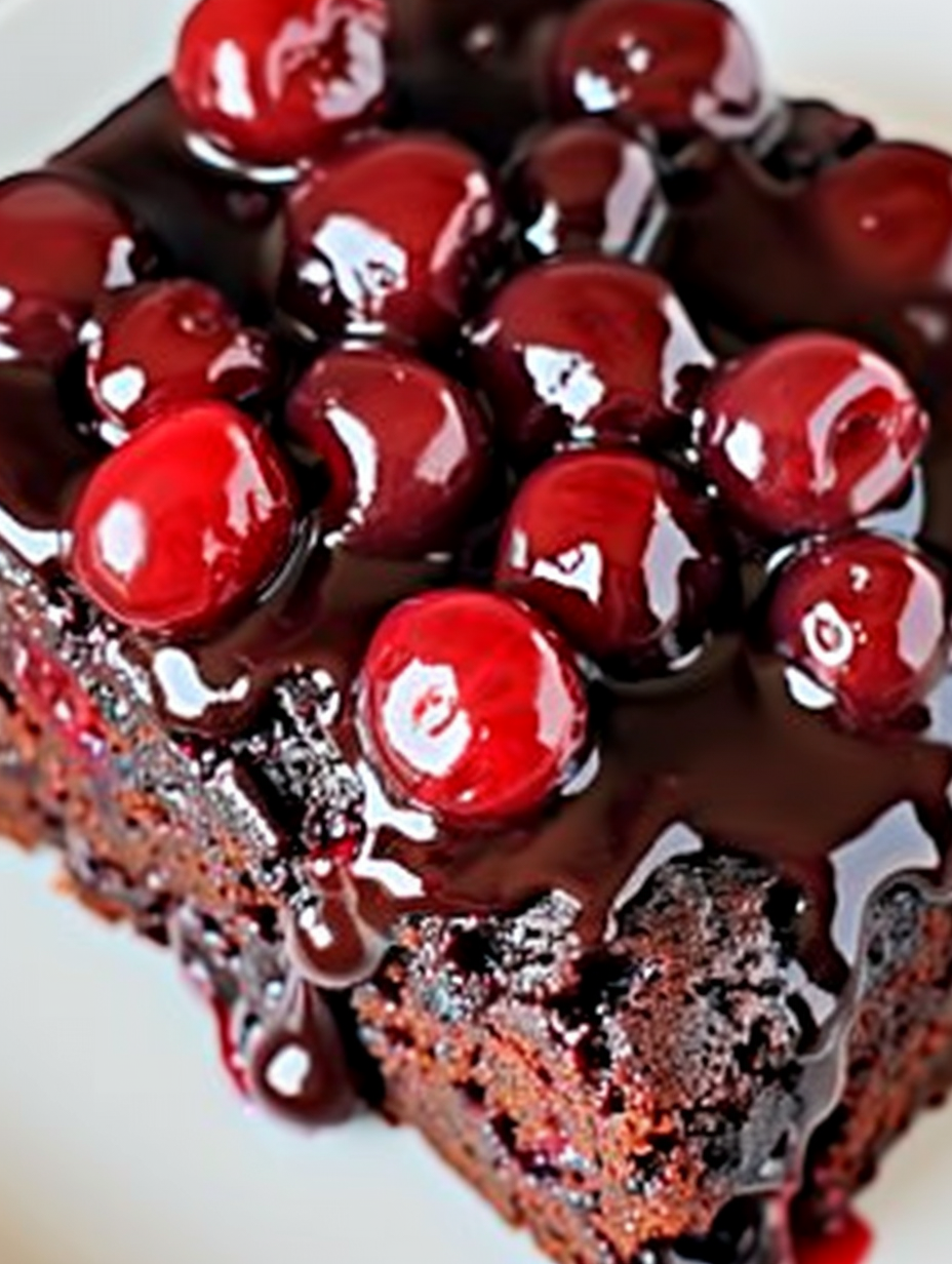 Close up of slice showing cherry topping and chocolate crumb
