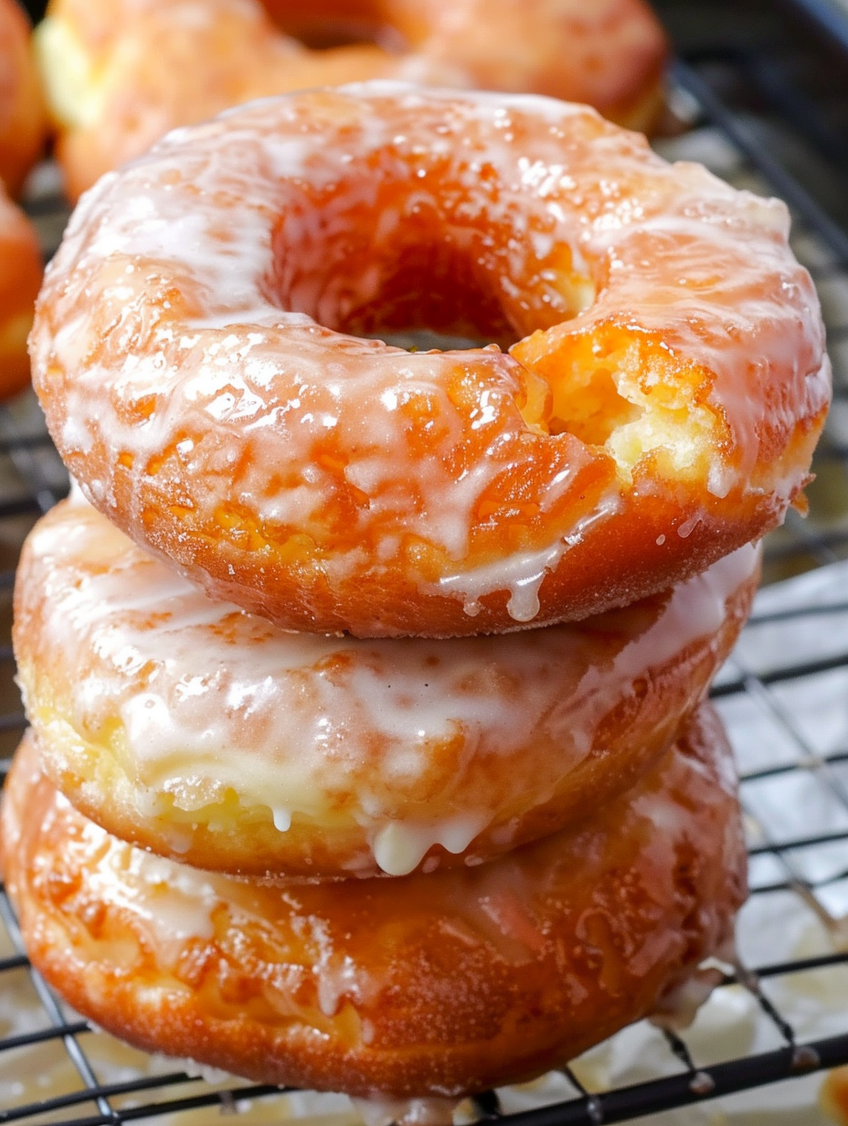 Freshly glazed sour cream donuts on a wire rack