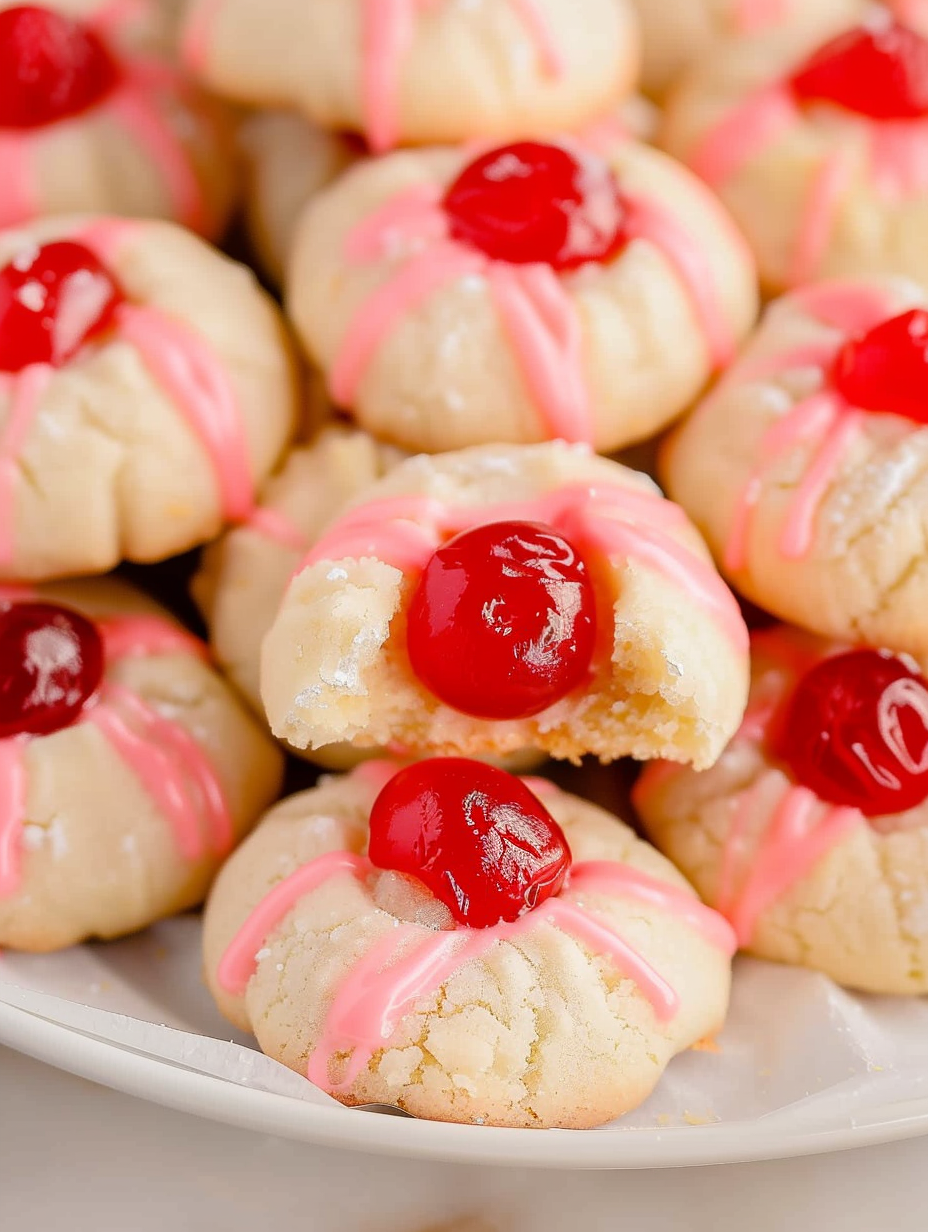 Cherry shortbread cookies on a baking sheet