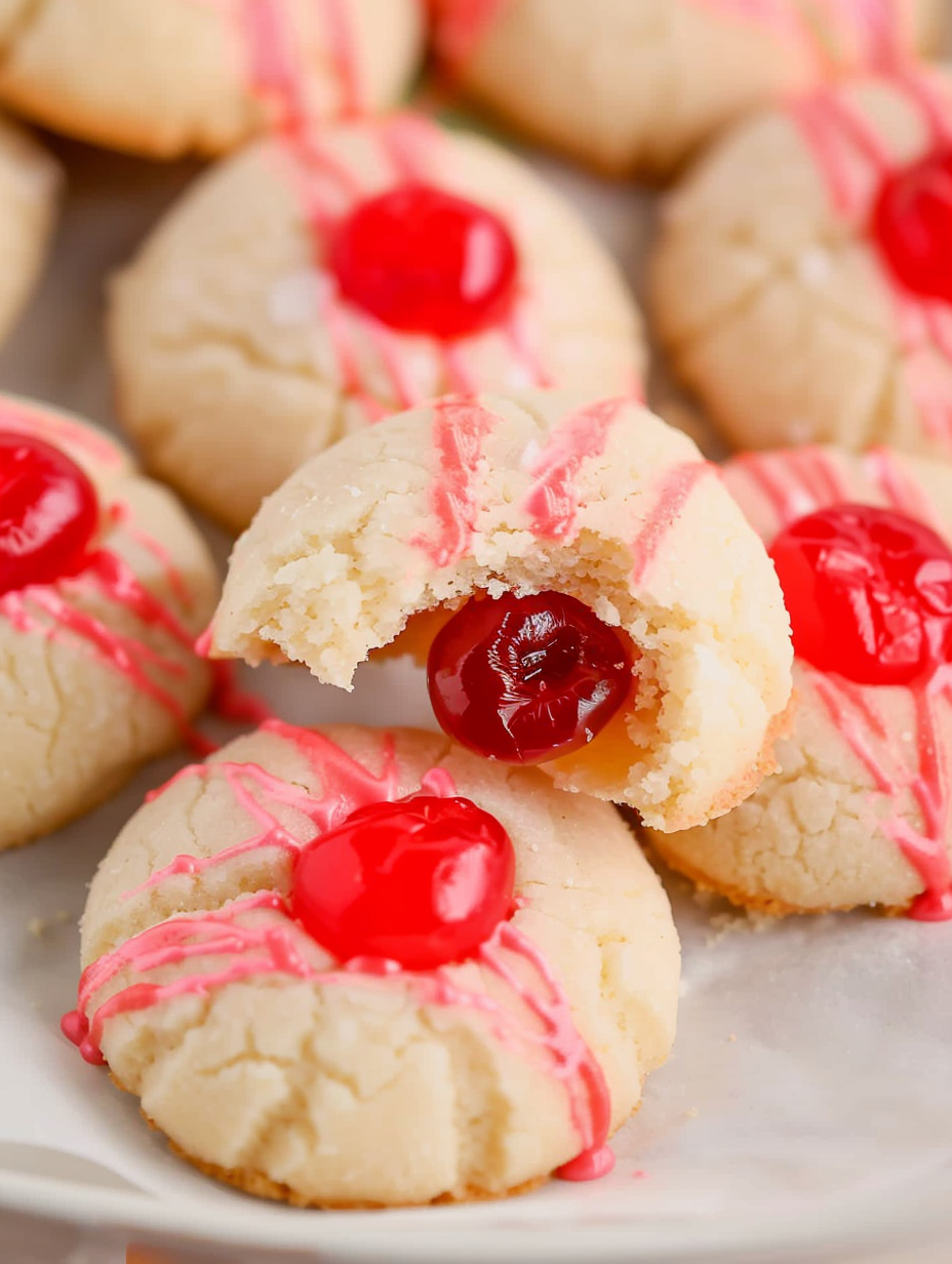 Close-up of a cherry-filled shortbread cookie