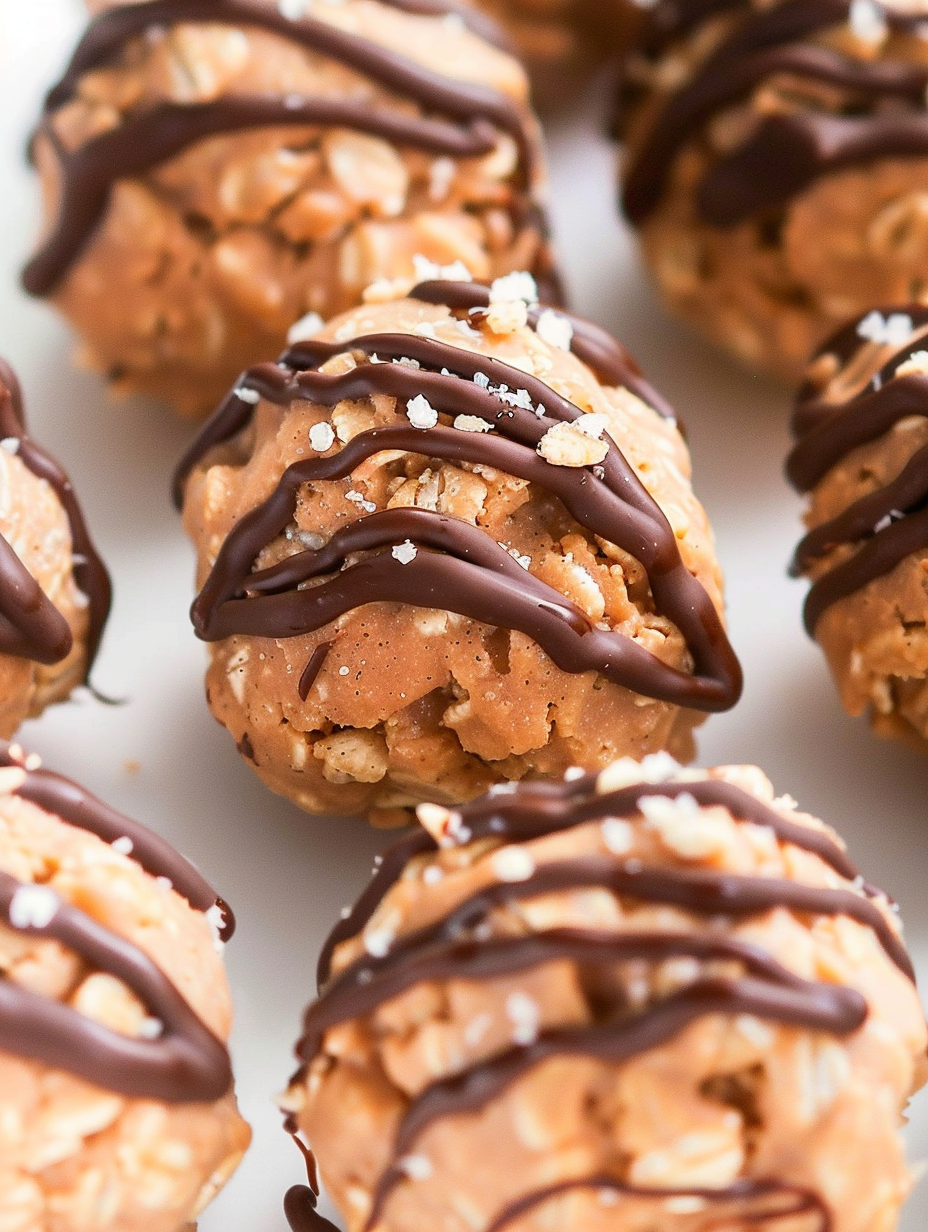 No Bake Muddy Buddy Protein Cookies - close up of cookie balls with chocolate drizzle