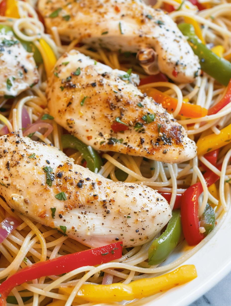Easy Chicken Scampi in a skillet with peppers and pasta