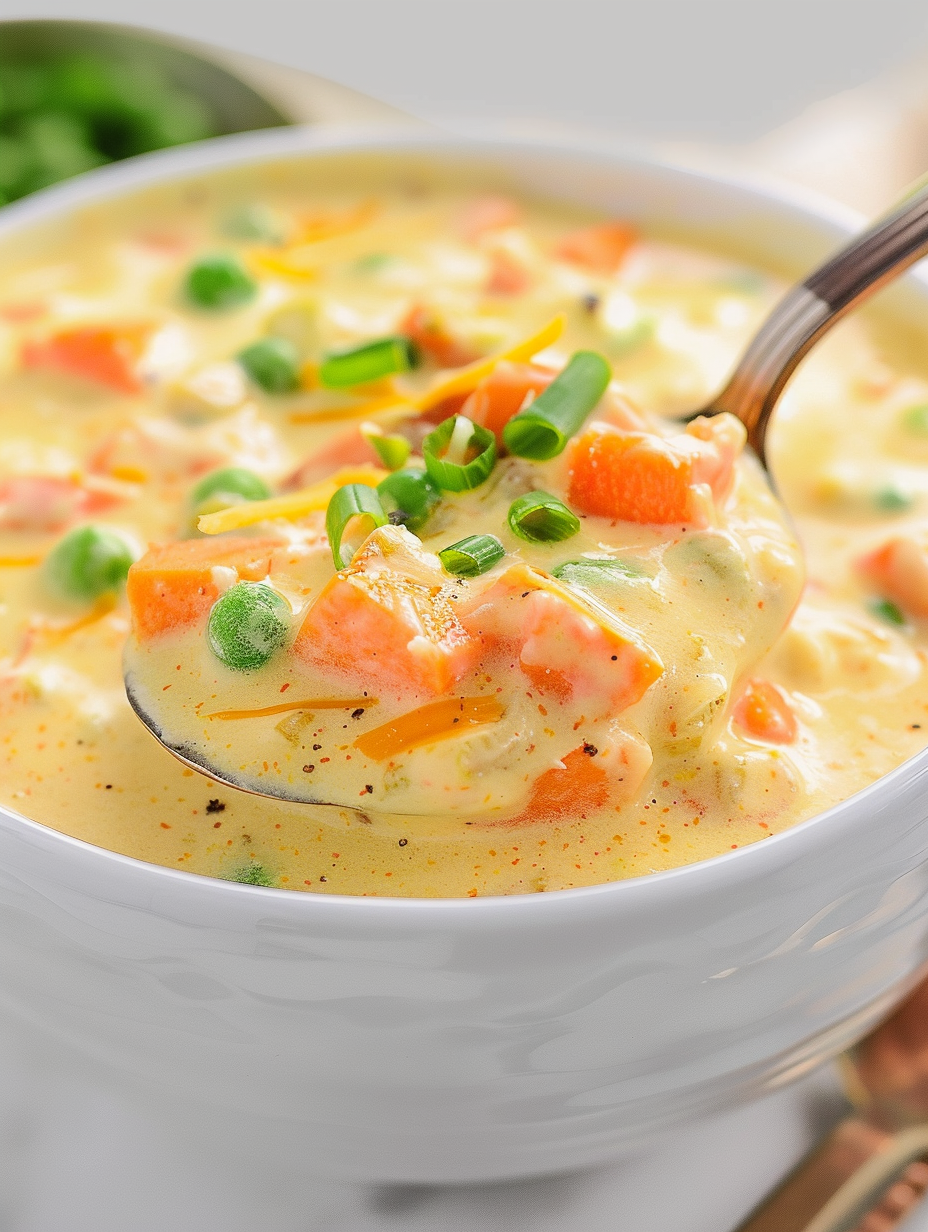 Curried sweet potato chowder in a bowl garnished with cheese and green onions
