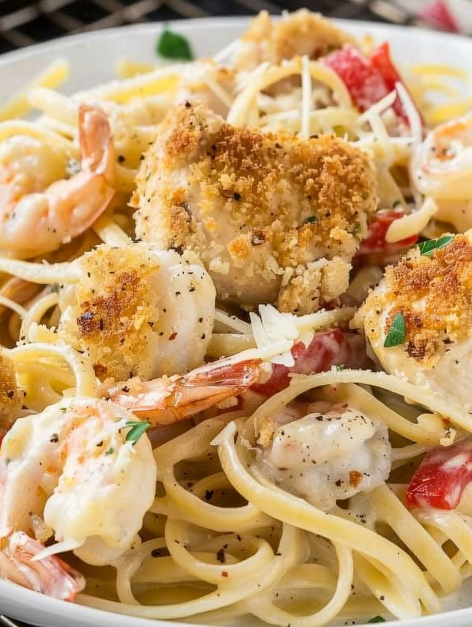 Breaded chicken resting and plated linguine