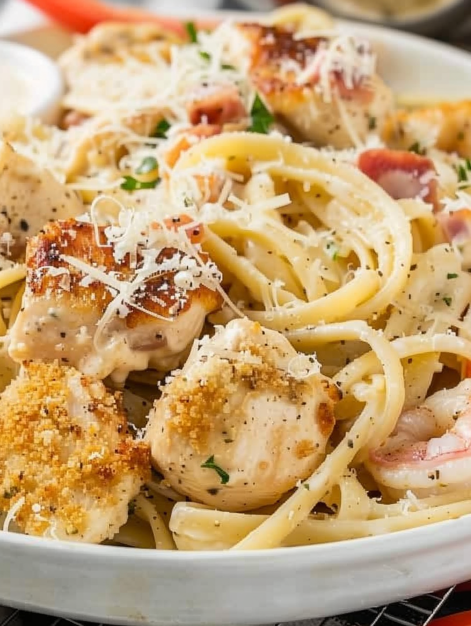 Finished plated chicken and shrimp carbonara with parsley