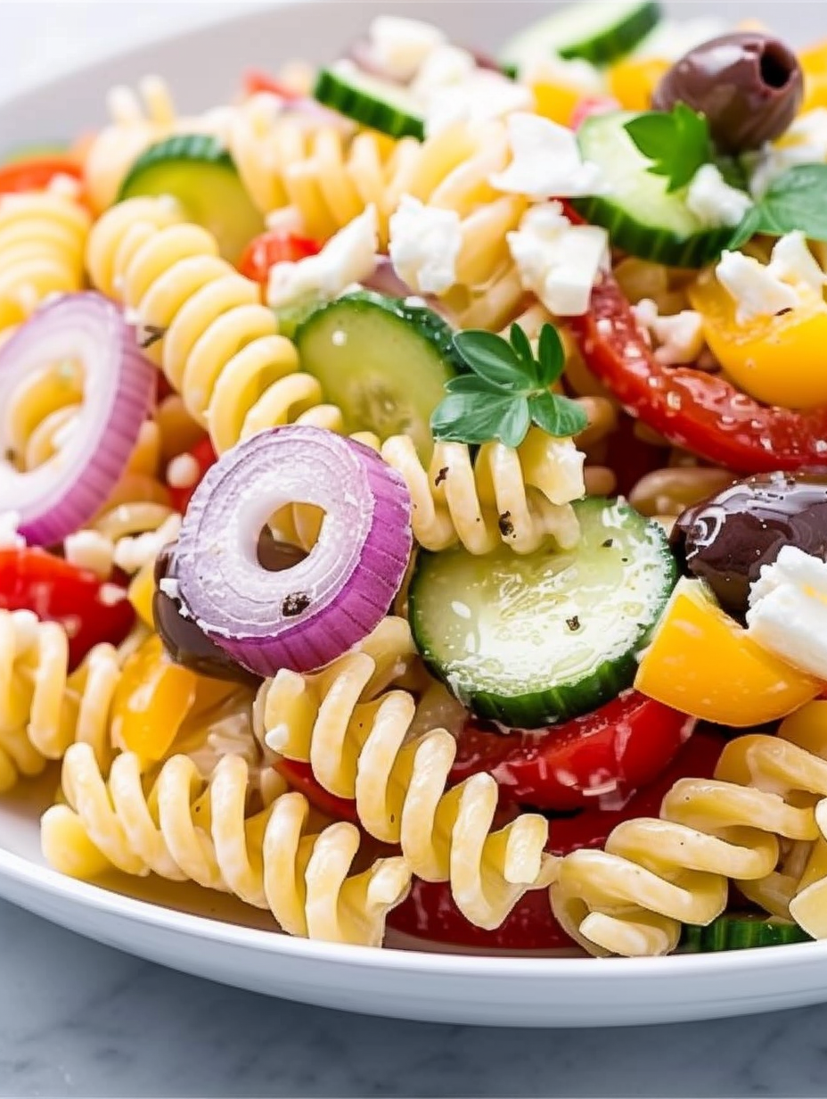 Greek pasta salad with colorful vegetables and feta