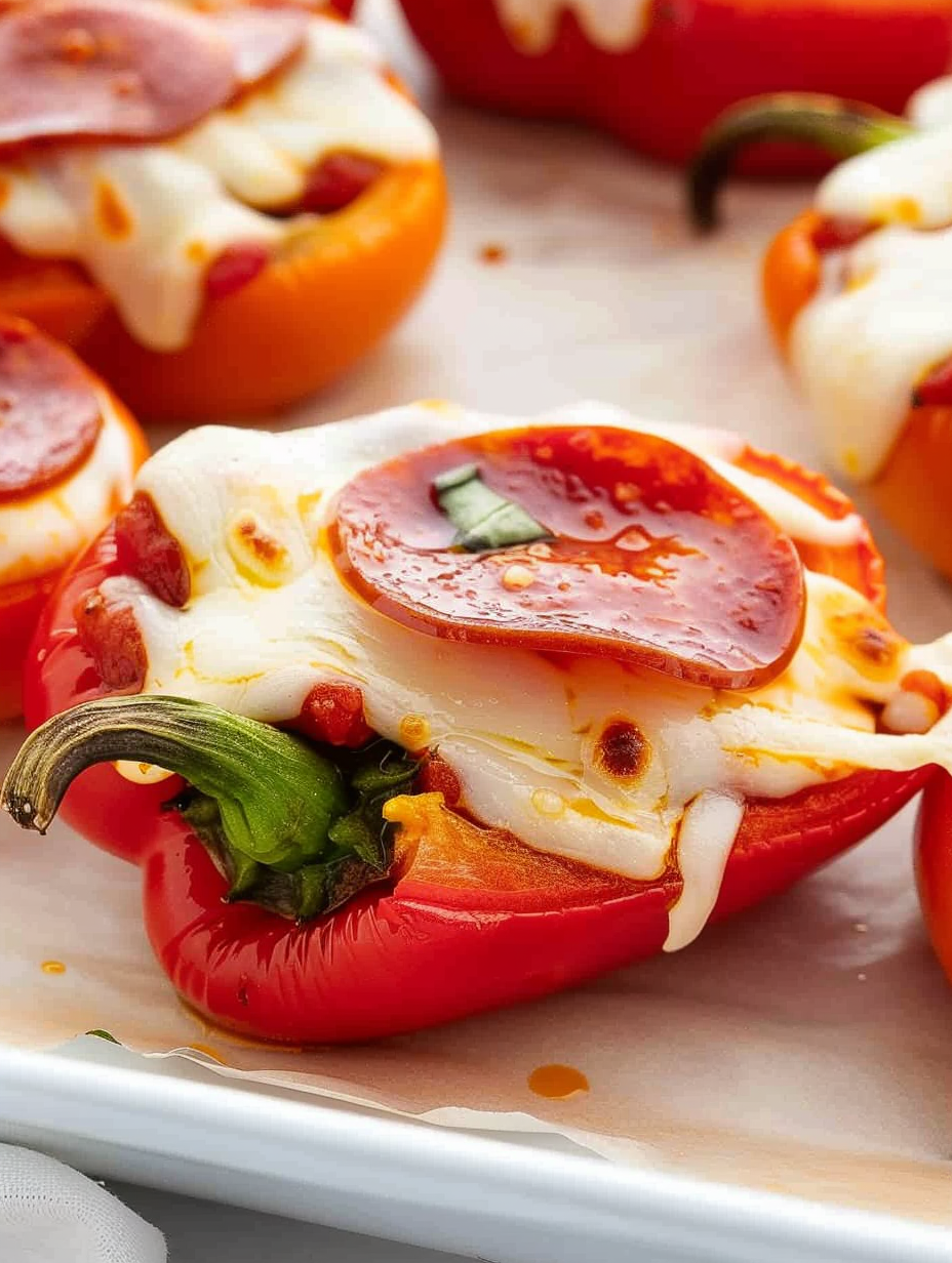 Mini pepper pizzas on a baking sheet