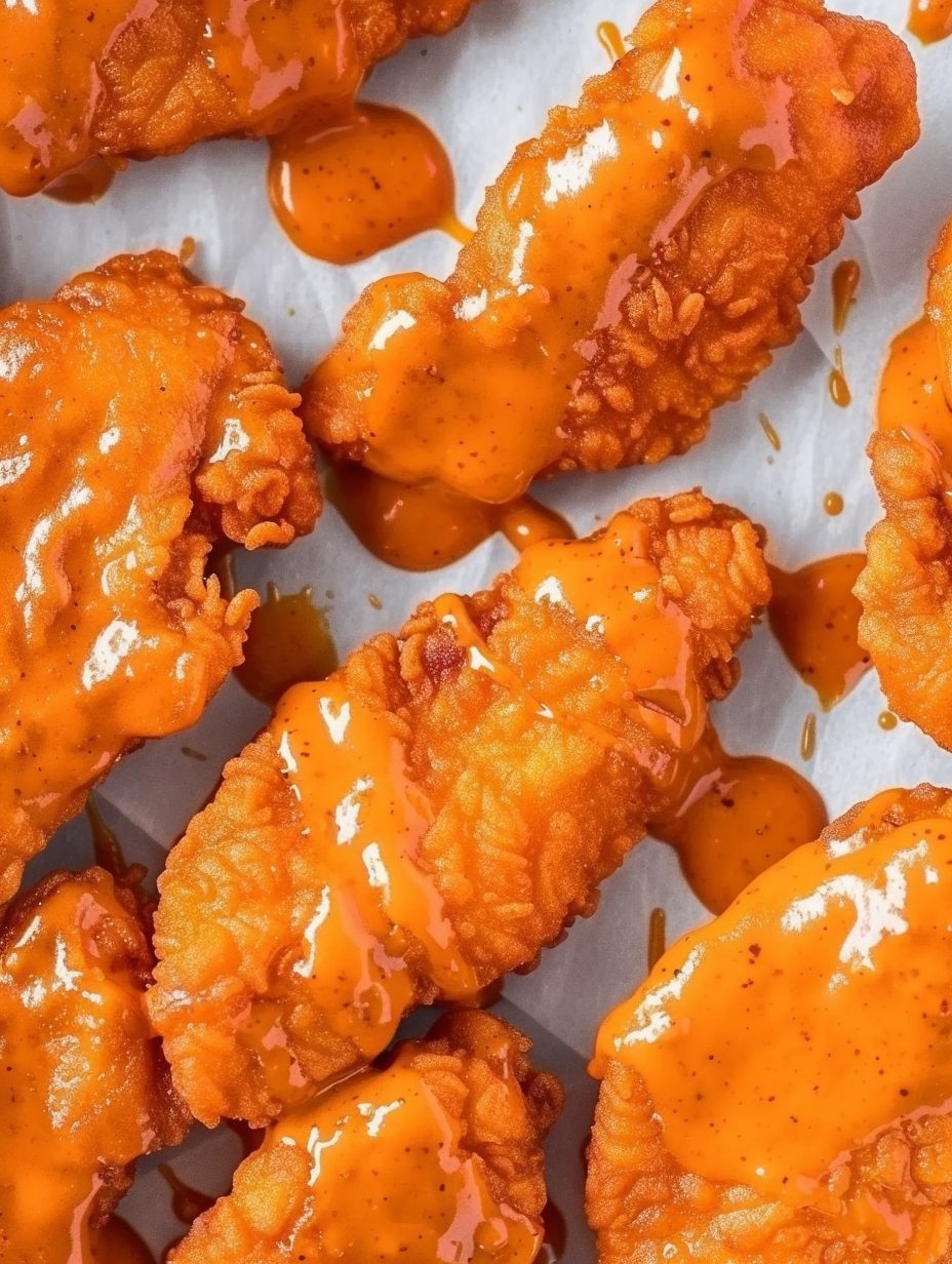 Buffalo chicken tenders tossed in sauce on a platter