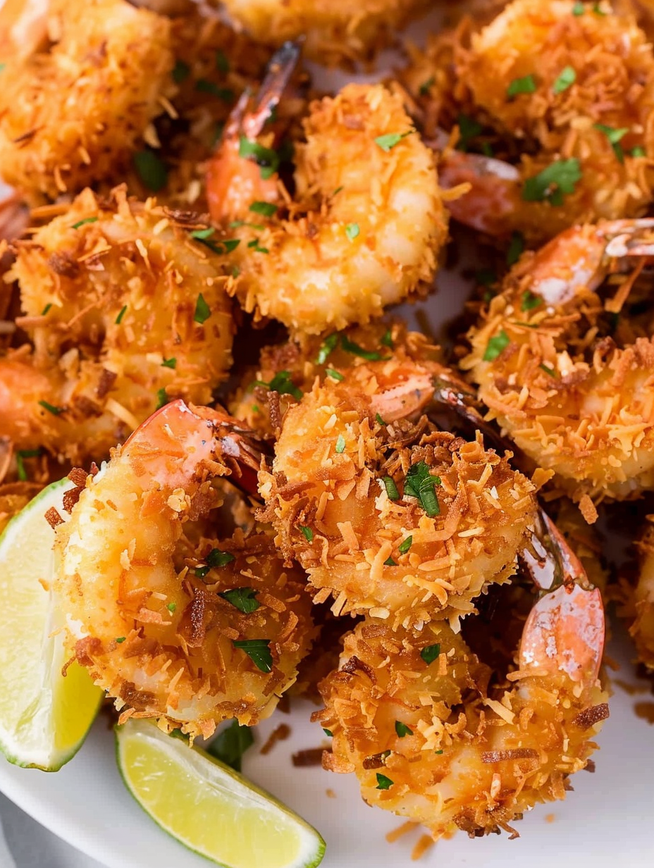 Close-up of crunchy coconut panko coating on shrimp