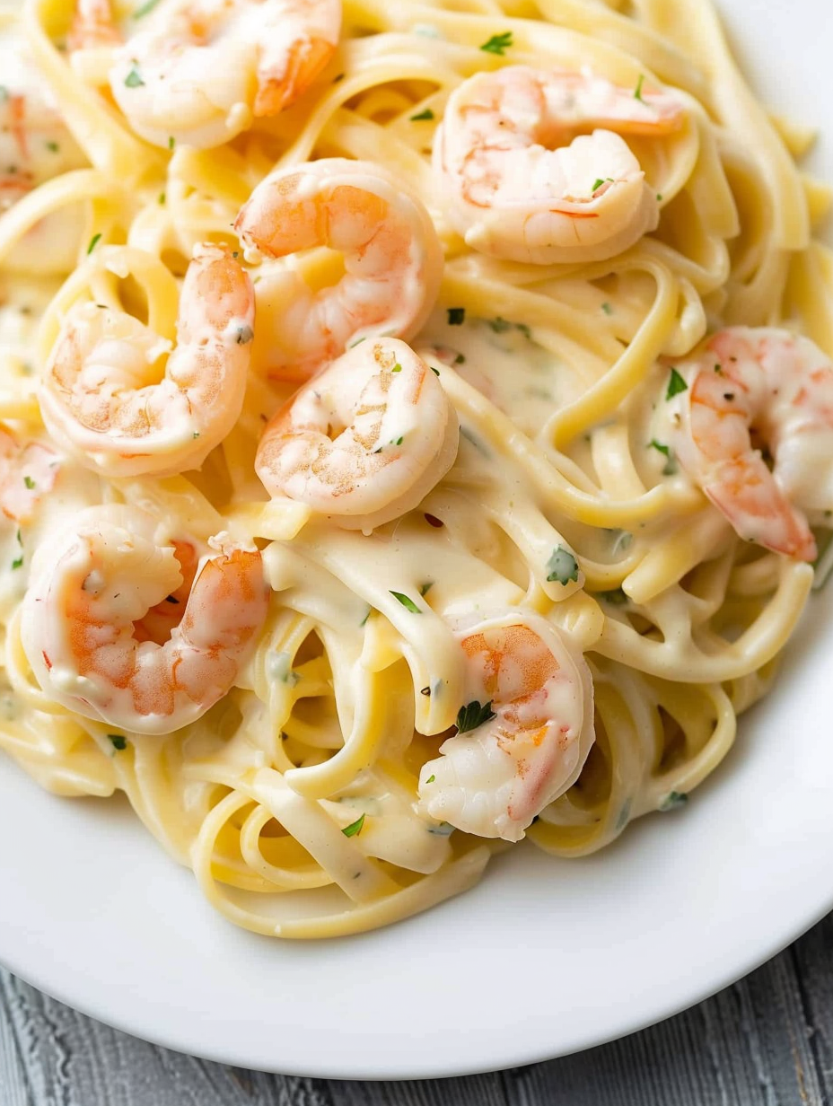 Served plate of fettuccine Alfredo with shrimp and chives