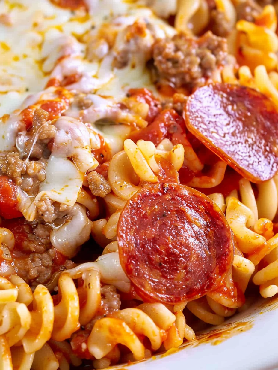Baked pizza pasta in a casserole dish with melted cheese and pepperoni