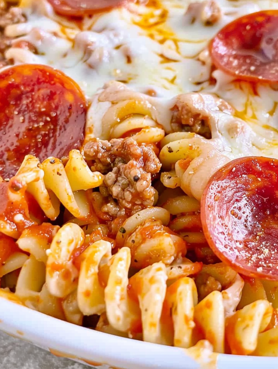 Close-up of forkful of cheesy baked pasta with pepperoni