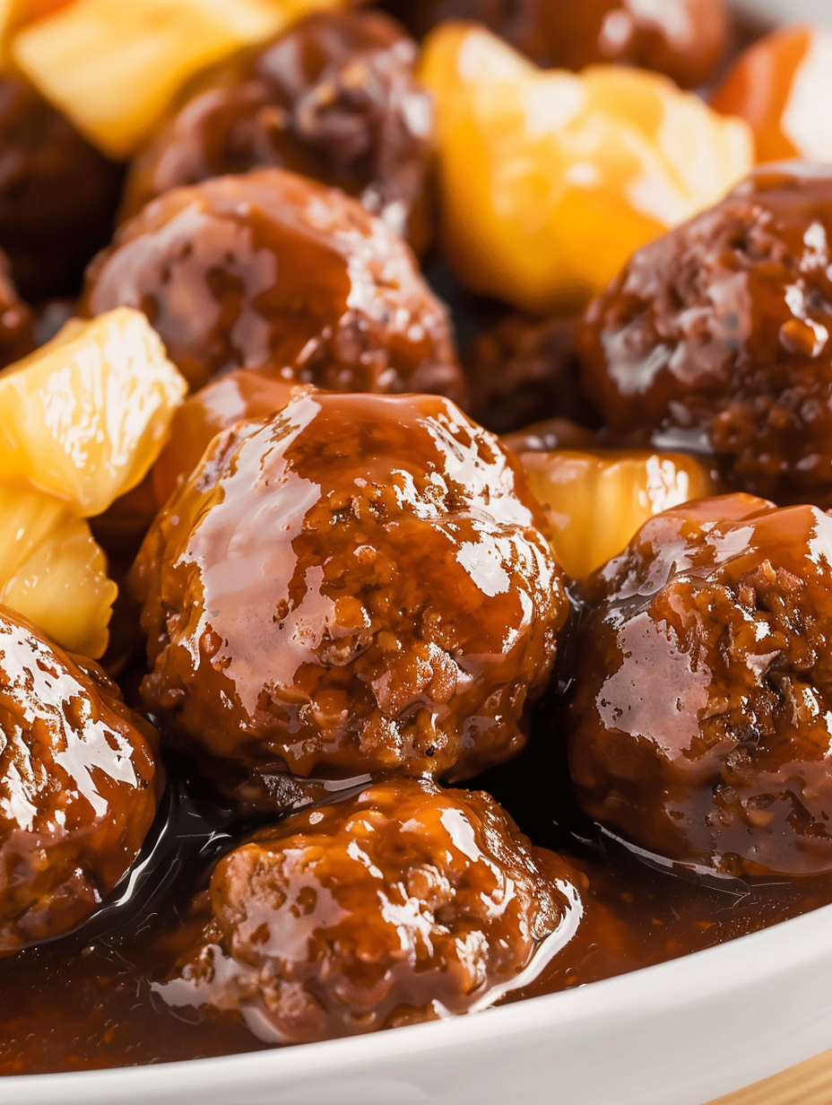 Baked sweet and sour meatballs in a glossy pineapple BBQ sauce